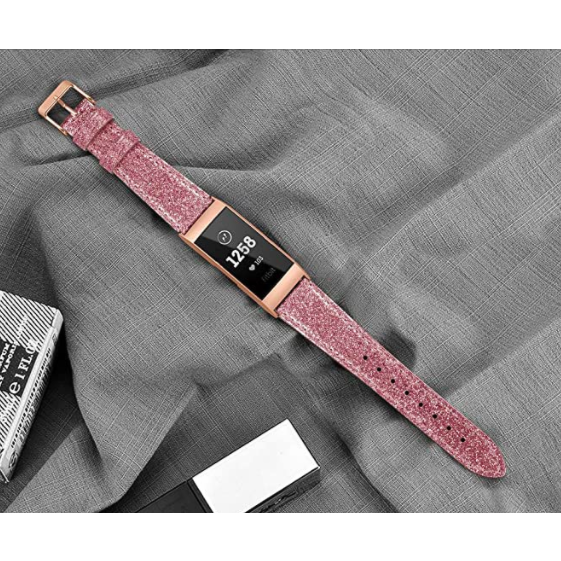 SWEES Fitbit Charge 3 Deri Kay (Small)-Glitter Pink