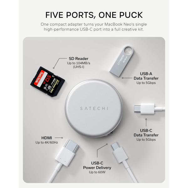 Satechi OntheGo 5 in-1 USB-C Multiport Adapt�r -Silver