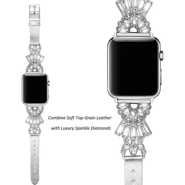 Secbolt Bling Serisi Apple Watch 7 Deri Kay (41mm)(L)-Silver