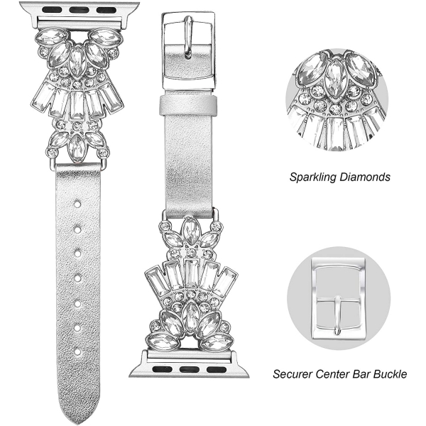 Secbolt Bling Serisi Apple Watch 7 Deri Kay (41mm)(L)-Silver