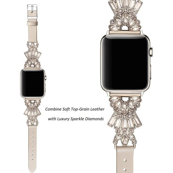 Secbolt Bling Serisi Apple Watch 7 Deri Kay (45mm)(L)-Beige