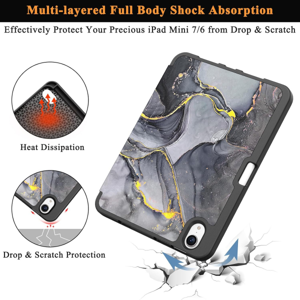 Soke Apple iPad Mini 6/7 Uyumlu Standl Klf -Black Marble 