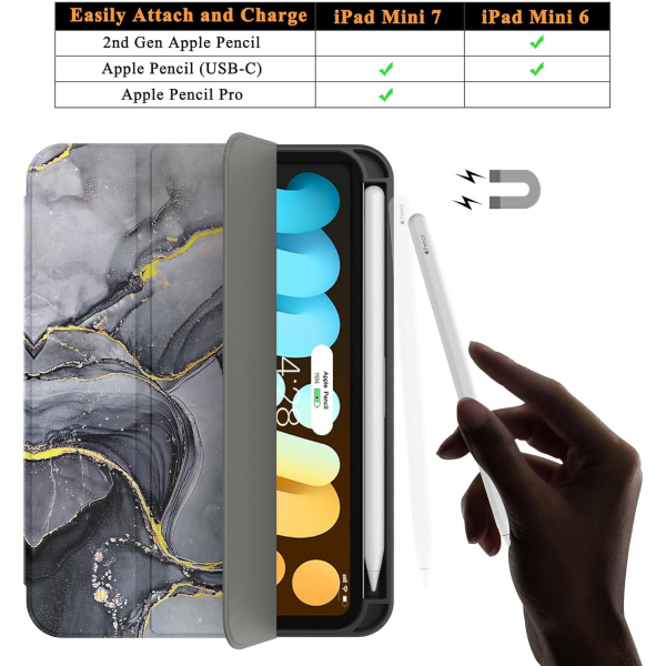 Soke Apple iPad Mini 6/7 Uyumlu Standl Klf -Black Marble 