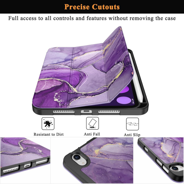 Soke Apple iPad Mini 6/7 Uyumlu Standl Klf -Purple Marble 