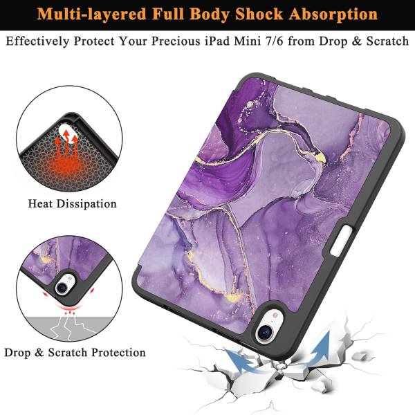 Soke Apple iPad Mini 6/7 Uyumlu Standl Klf -Purple Marble 