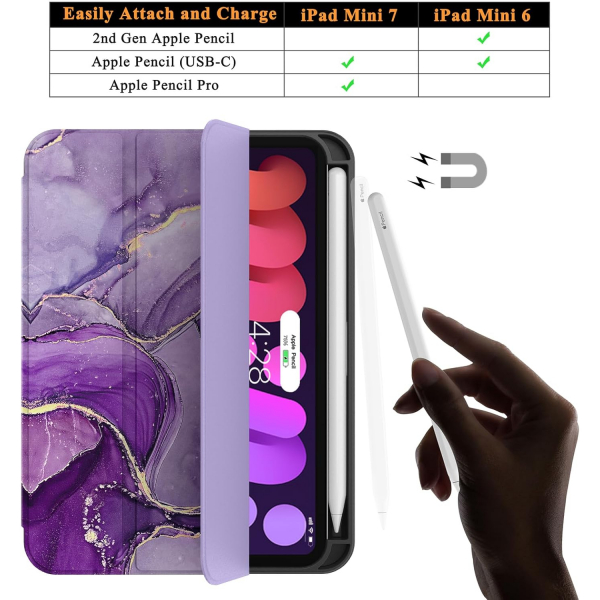 Soke Apple iPad Mini 6/7 Uyumlu Standl Klf -Purple Marble 