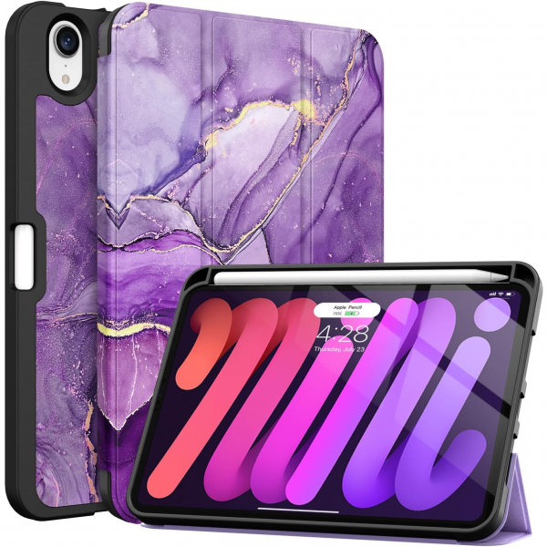 Soke Apple iPad Mini 6/7 Uyumlu Standl Klf -Purple Marble 