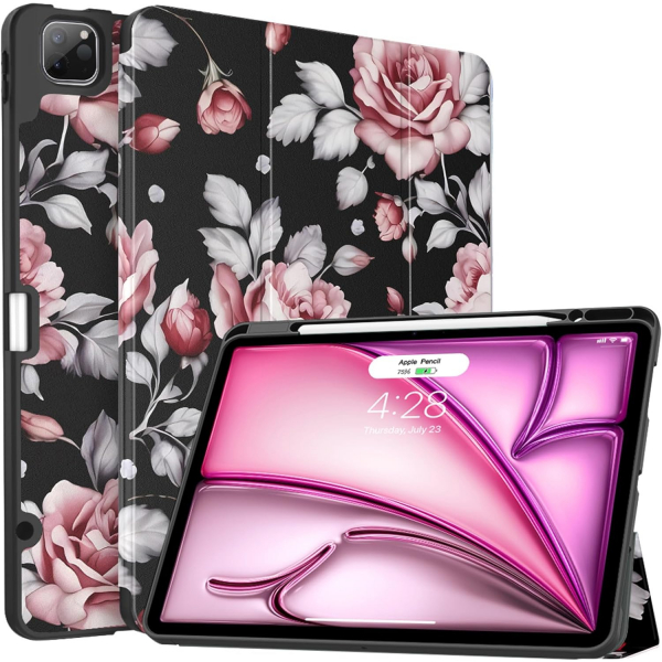 Soke Kalem Blmeli iPad Air M2 Klf (13 in)-Pink Rose