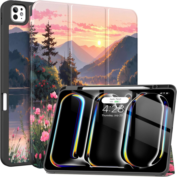 Soke Kalem Blmeli iPad Pro M4 Klf (13 in)-Pink Sunset 