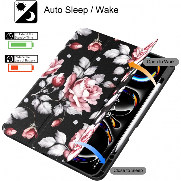 Soke Kalem Blmeli iPad Pro M4 Klf (13 in)-Pink Rose
