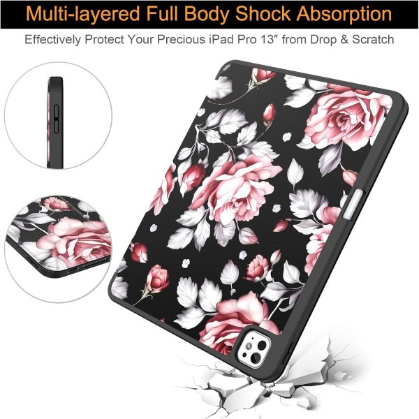 Soke Kalem Blmeli iPad Pro M4 Klf (13 in)-Pink Rose