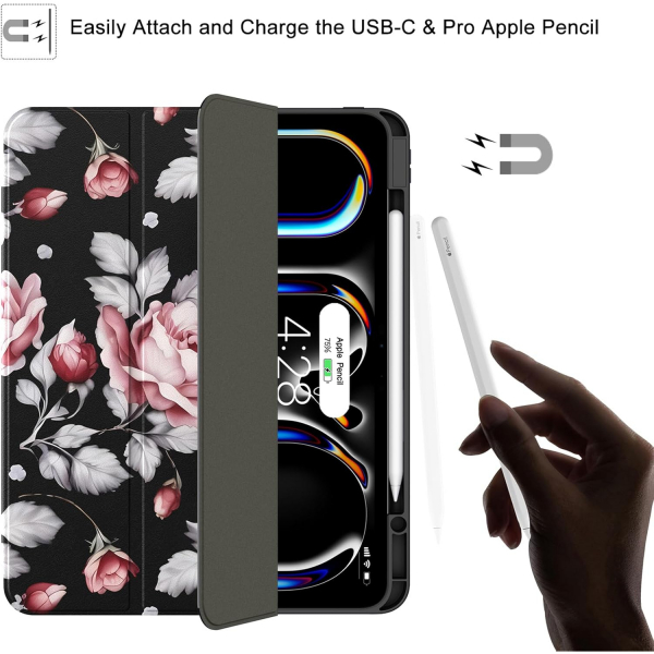 Soke Kalem Blmeli iPad Pro M4 Klf (13 in)-Pink Rose