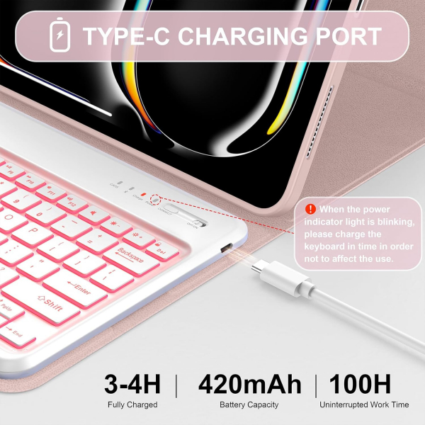 Soke Kalem Blmeli iPad Pro M4 Klavyeli Klf (13 in)-Pink
