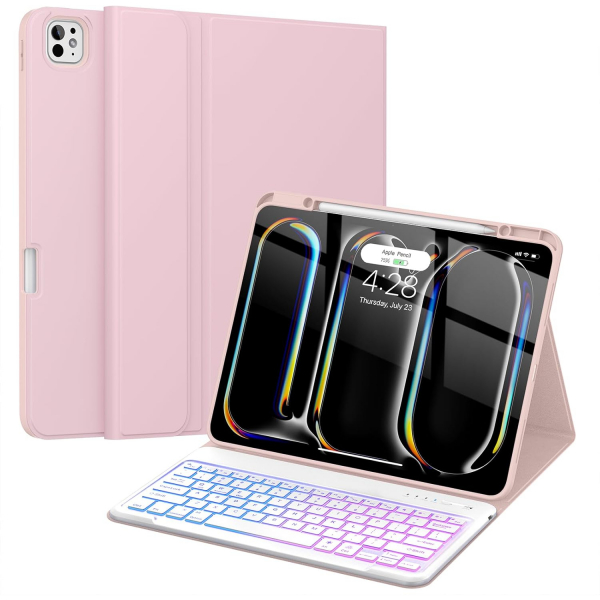Soke Kalem Blmeli iPad Pro M4 Klavyeli Klf (13 in)-Pink