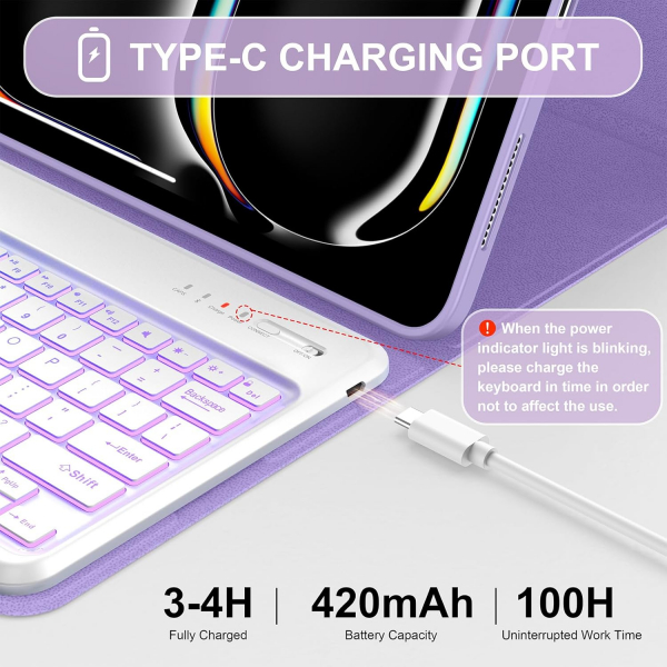 Soke Kalem Blmeli iPad Pro M4 Klavyeli Klf (13 in)-Lilac