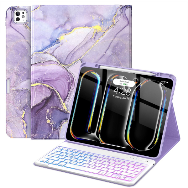 Soke Kalem Blmeli iPad Pro M4 Klavyeli Klf (13 in)-Lilac Marble 