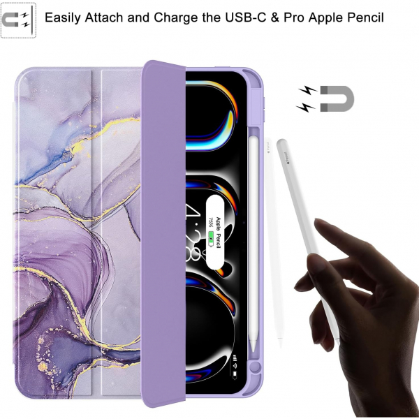 Soke iPad Pro M4 Kalem Blmeli Klf (11 in)-Lilac Marble 