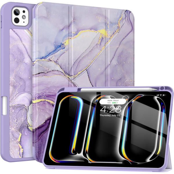 Soke iPad Pro M4 Kalem Blmeli Klf (11 in)-Lilac Marble 