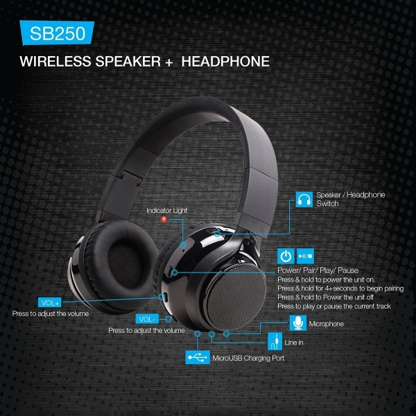 SoundBot SB250 Stereo Bluetooth Kablosuz Hoparlörlü Kulak Üstü Kulaklık