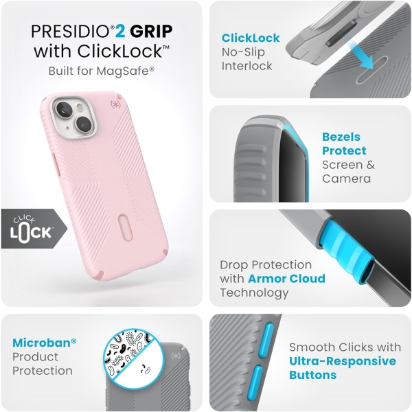 Speck Apple iPhone 15 Presidio2 Grip Serisi Klf (MIL-STD-810G)-Nimbus Pink
