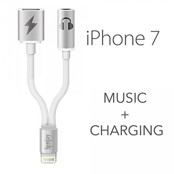 Sprtjoy iPhone 7 / 7 Plus 2'si 1 arada Lightning to 3.5mm Aux Adaptr-Silver