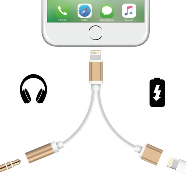 Sprtjoy iPhone 7 / 7 Plus 2'si 1 arada Lightning to 3.5mm Aux Adaptr-Gold