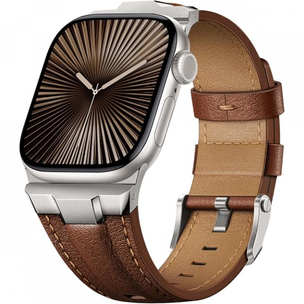 Suitisbest Apple Watch 11/10 Uyumlu Deri Kay�� -Titanium/Classic Chestnut Brown