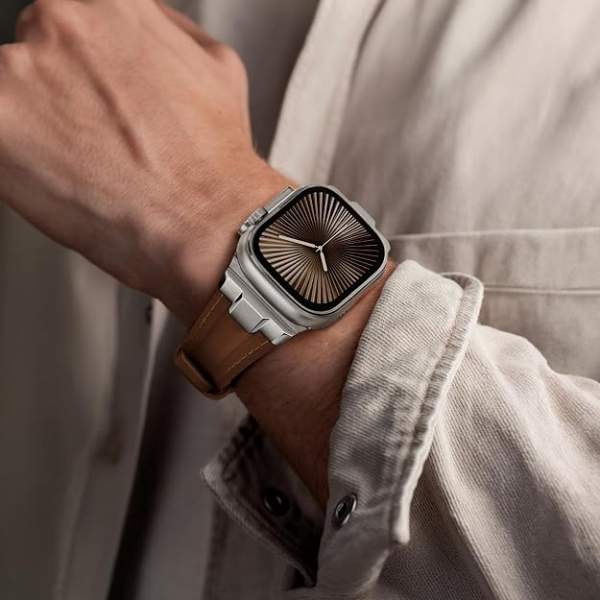 Suitisbest Apple Watch 11/10 Uyumlu Deri Kay�� -Titanium/Classic Chestnut Brown