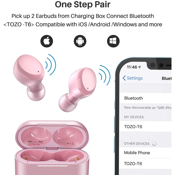 TOZO T6 Wireless Kulak i Kulaklk-Pink