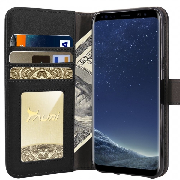 Tauri Galaxy S8 Plus Kickstand Deri C�zdan K�l�f-Black