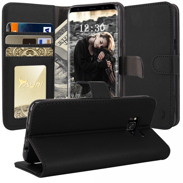 Tauri Galaxy S8 Plus Kickstand Deri C�zdan K�l�f-Black