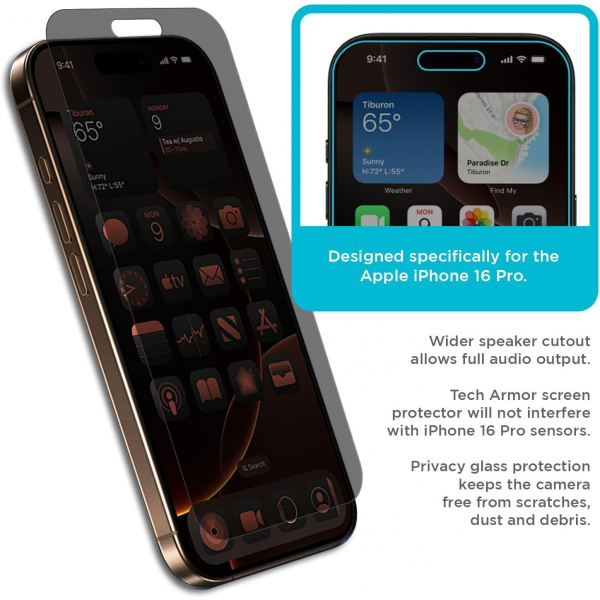 Tech Armor iPhone 16 Pro Privacy Cam Ekran Koruyucu