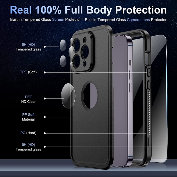 Temdan Real 360 iPhone 14 Pro Max Su Geirmez Klf (MIL-STD-810G)