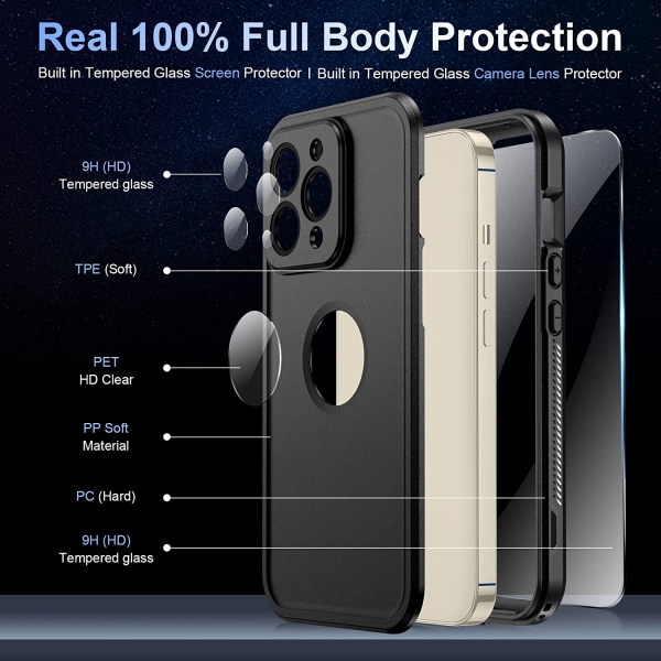 Temdan Real 360 iPhone 14 Pro Su Geirmez Klf (MIL-STD-810G)