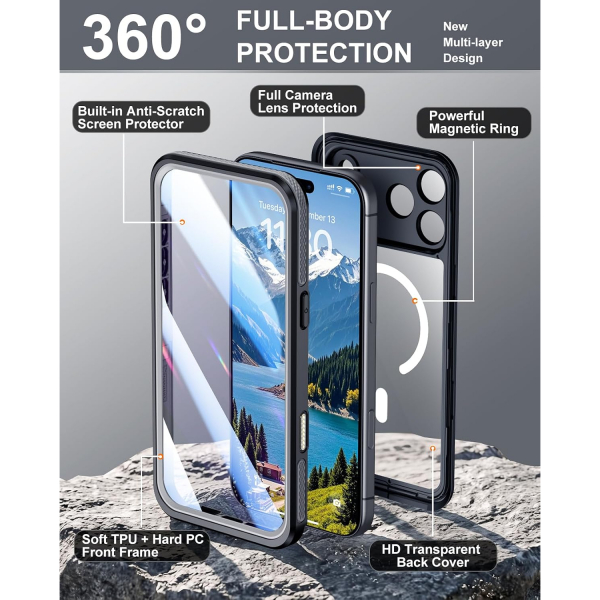 Temdan iPhone 18 Pro Desenli Su Ge�irmez K�l�f-Black/Clear