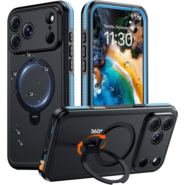 Temdan iPhone 18 Pro Max Su Ge�irmez Standl� K�l�f-Blue