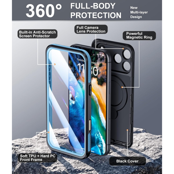 Temdan iPhone 18 Pro Max Su Ge�irmez Standl� K�l�f-Blue