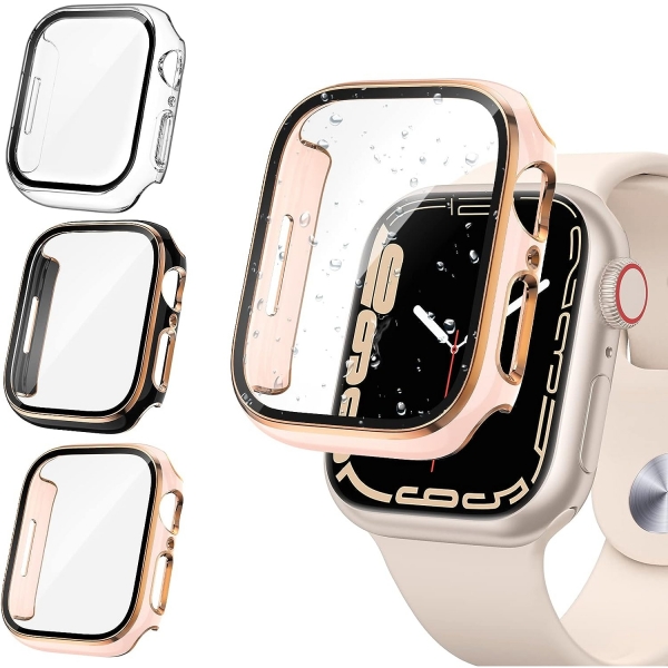 Tensea Apple Watch 9/8/7 Uyumlu Ekran Koruyuculu Klf (41mm)-Clear/Black-Rose Gold/Pink-Rose Gold