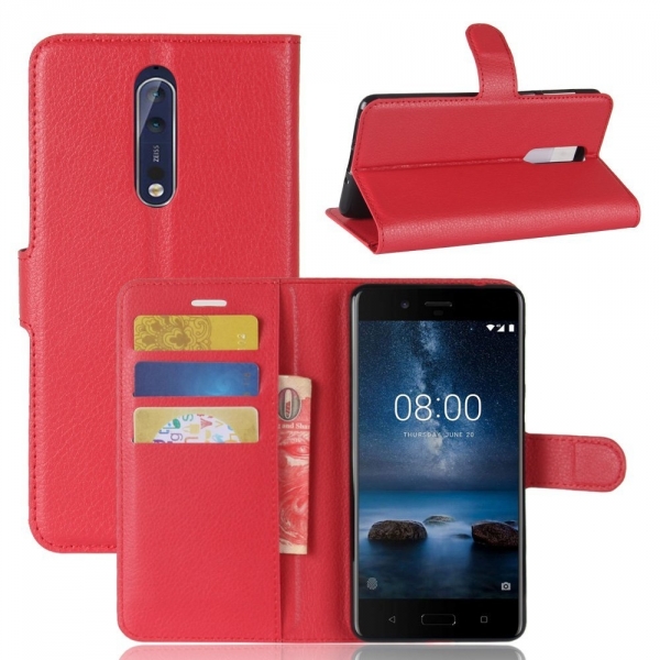 TopACE Nokia 8 Deri Czdan Klf-Red