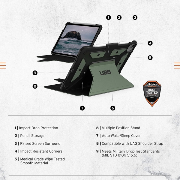 UAG iPad Kalem Blmeli Standl Klf (10.9 in) (5.Nesil)-Green Olive