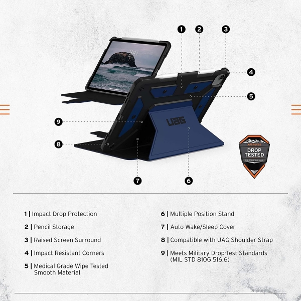 UAG iPad Kalem Blmeli Standl Klf (10.9 in) (5.Nesil)-Blue Mallard