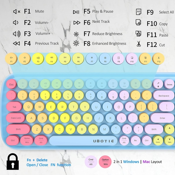 UBOTIE Renkli 100 Tuşlu Bluetooth Klavye-Blue Colorful