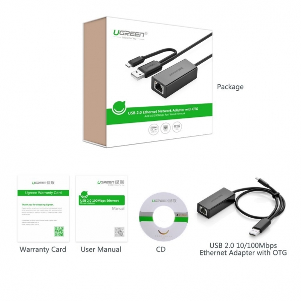 UGREEN 10 / 100Mbps LAN Kablolu / USB 2.0 OTG to RJ45 Ethernet A Adaptr