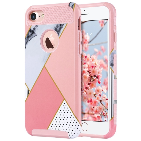 ULAK Case Apple iPhone 7 Colorful Serisi Slim Hybrid Klf-Pink Geometric Marble