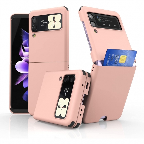 VVUPIC Samsung Galaxy Z Flip 3 Kart Blmeli Klf-Pink