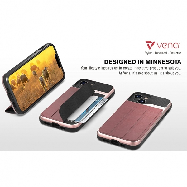 Vena vCommute Apple iPhone 13 Kartlkl Deri Klf (MIL-STD-810G)-Rose Gold