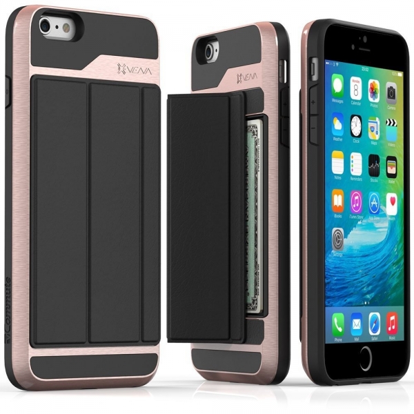 Vena Apple iPhone 6S Plus / 6 Plus Deri Czdan Klf-Rose Gold-Black