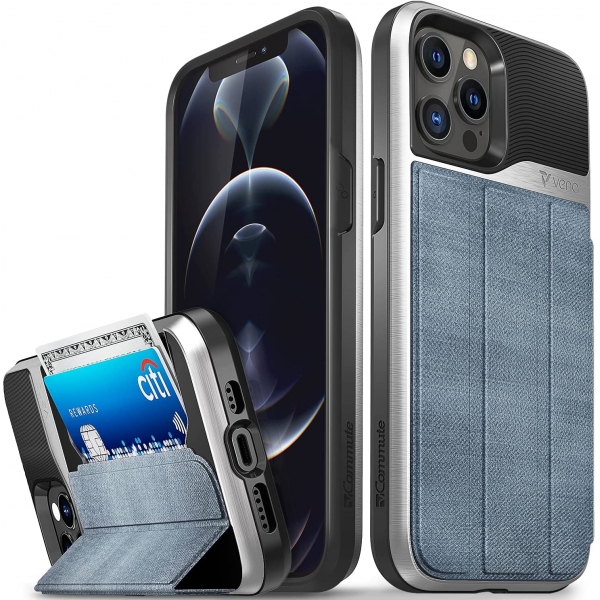 Vena vCommute Serisi iPhone 12 Pro Max Kartlkl Deri Klf (MIL-STD-810G)-Steel Blue