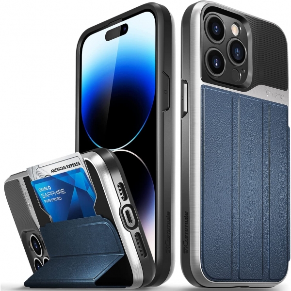 Vena vCommute Apple iPhone 14 Pro Max Kartlkl Deri Klf (MIL-STD-810G)-Blue