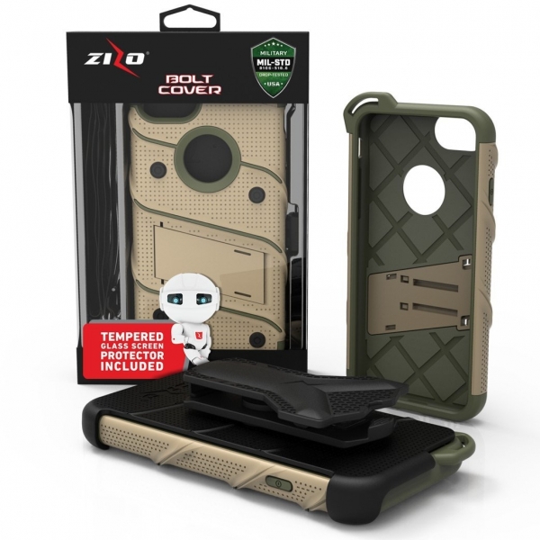 Zizo iPhone 7 Bolt Series Kemer Klipsli Klf ve Ekran Koruyucu (MIL-STD-810G)-Desert Tan Camo Green